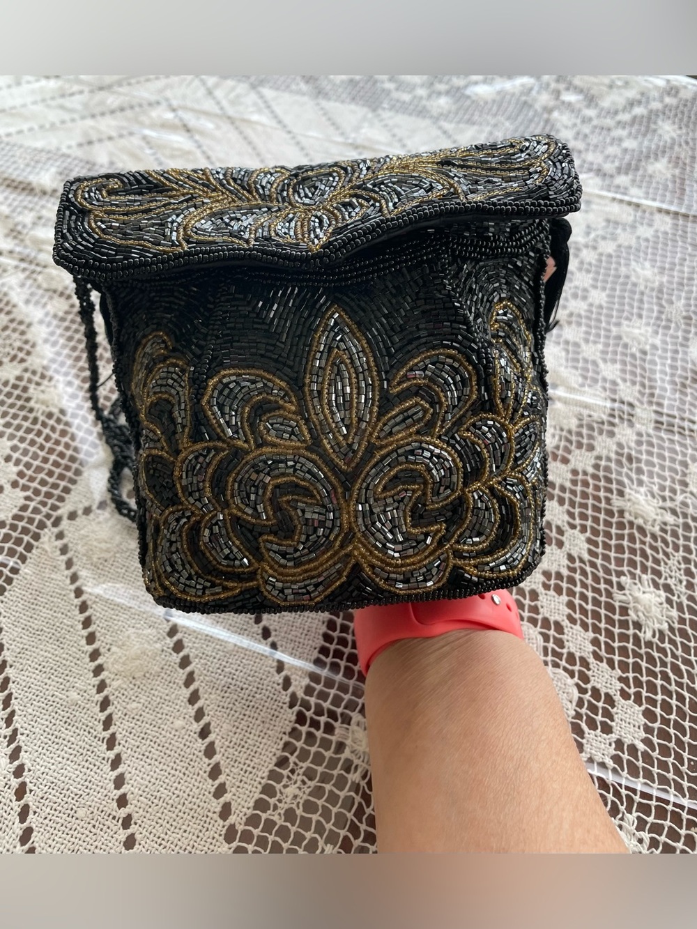 Vintage 1970-1980’s Beaded Black Gold & Charcoal Evening Crossbody Bag